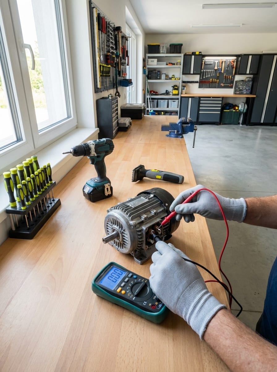 Technik proměřuje vinutí elektromotoru digitálním multimetrem