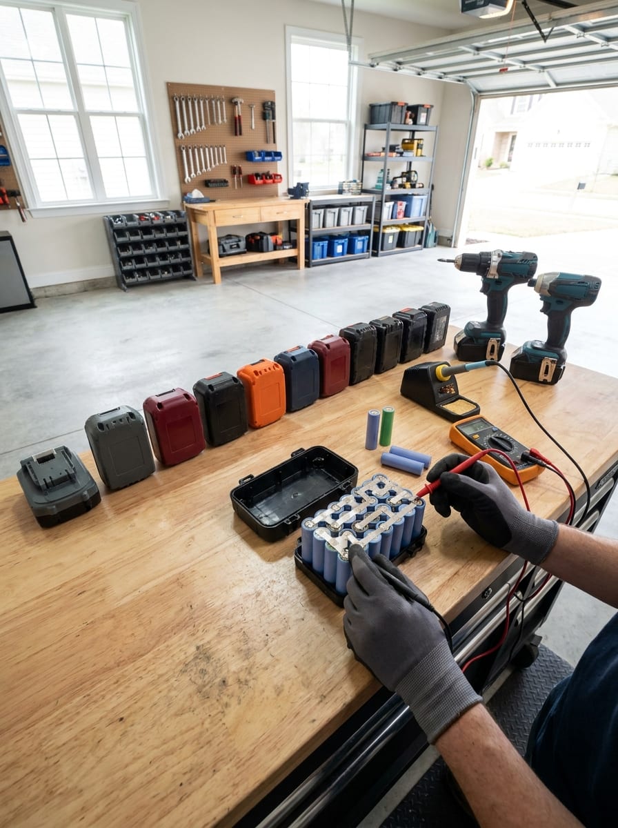Otevřený bateriový pack s viditelnými články, technik měří napětí multimetrem